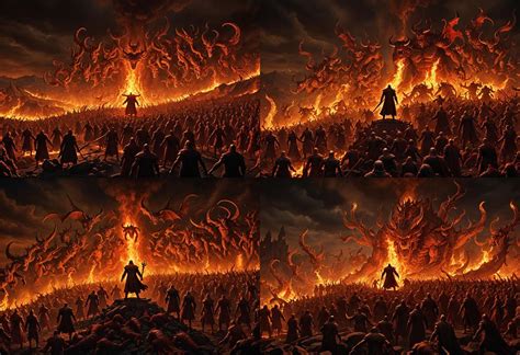 And depiction of Dante's 12 stages of hell full of demons and dammed souls fire , high ...
