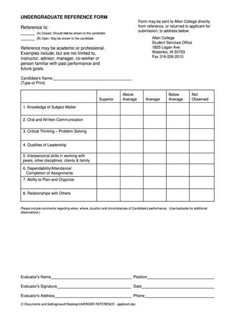 Fillable Online allencollege UNDERGRADUATE REFERENCE FORM Form may be ...