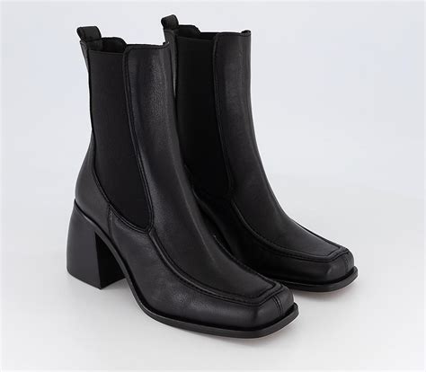 OFFICE Axel Square Toe Apron Block Heel Ankle Boots Black Leather ...
