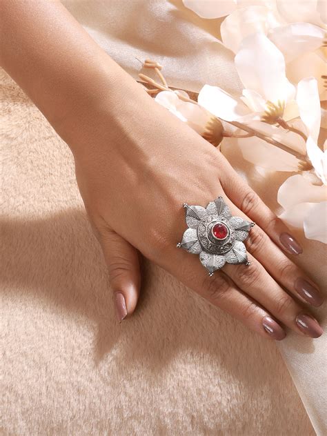 Oxidised Silver-Toned & Red Stone-Studded Adjustable Finger Ring