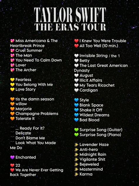 The Eras Tour Setlist v2 | Taylor swift lyrics, Taylor swift songs ...