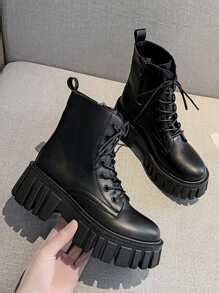 Black Round Toe Short Ankle Boots For Women, Side Zipper Thick Sole ...