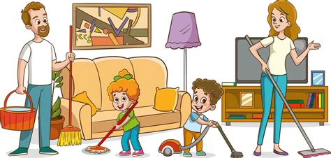Happy family cleaning the living room with a mop and broom illustration ...
