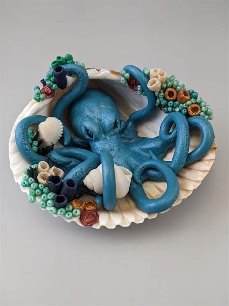 Teal Blue Octopus in a Sea Shell. Polymer Clay Sculpture. - Etsy Canada | Polymer clay ...
