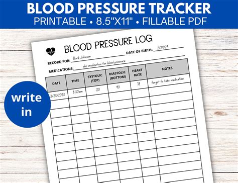 Blood Pressure Log Printable Fillable PDF, Blood Pressure Tracker, Blood Pressure Chart, Blood ...