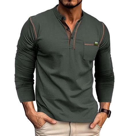 Cheap Men’s Long Sleeves Henley Shirts Cotton Pullovers Color Matching ...
