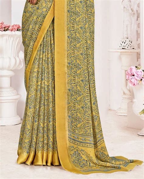 Vishal Prints Indian Yellow Printed Chiffon Digital Print Saree With W