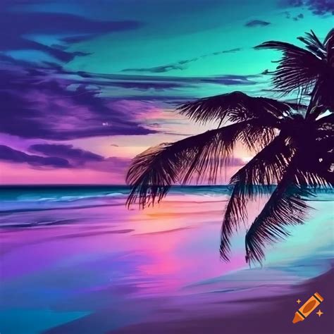 Beach sunset palm tree pastel teal blue purple impressionistic on Craiyon
