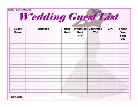 Free Printable Printable Wedding Guest List Template
