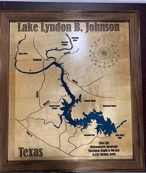 Lake Lyndon B Johnson Texas Wood Lake Map With Frame - Etsy