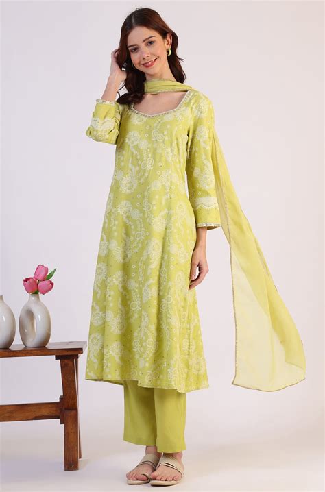 Buy Lime Green Floral Printed Sequined Rayon Anarkali Kurta, Straight ...