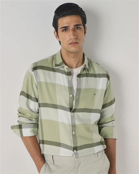 Buy Light Olive Flannel Check Slim Fit Casual Shirt Online at Muftijeans