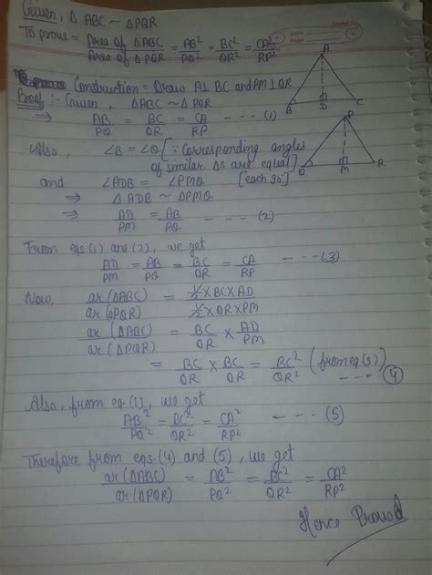 prove that the ratio of the areas of similiar triangle is equal to the ...