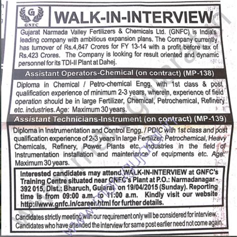 GNFC Walk-in-Interview for Various Posts 2015