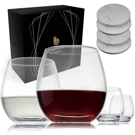 Buy Triplorare Stemless Wine Glasses set of 4 with Coaster, Red & White ...