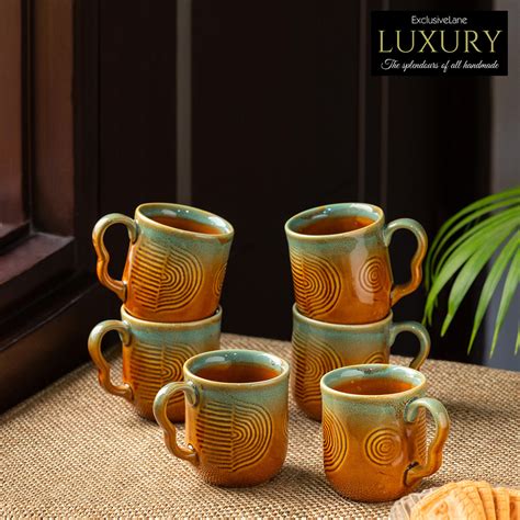 Peacock Boulevard' Hand-Engraved Ceramic Coffee & Tea Cups (Set of 6 ...