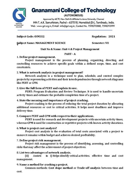 OIM352 Management Science - Unit 4 Project Management Q&A - Studocu