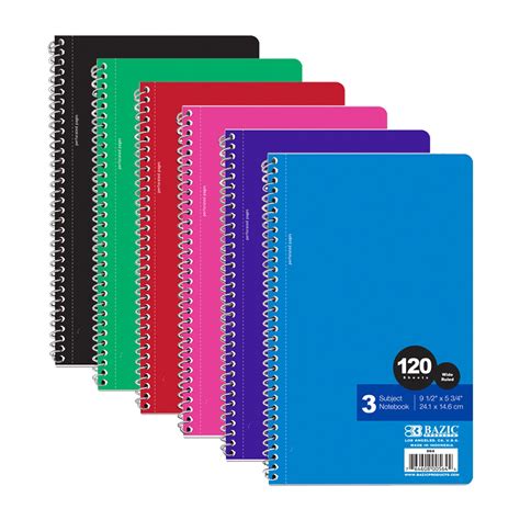 BAZIC Wide Ruled 3 Subject Spiral Notebooks 120 Sheets 9.5"x5.75", 6 ...