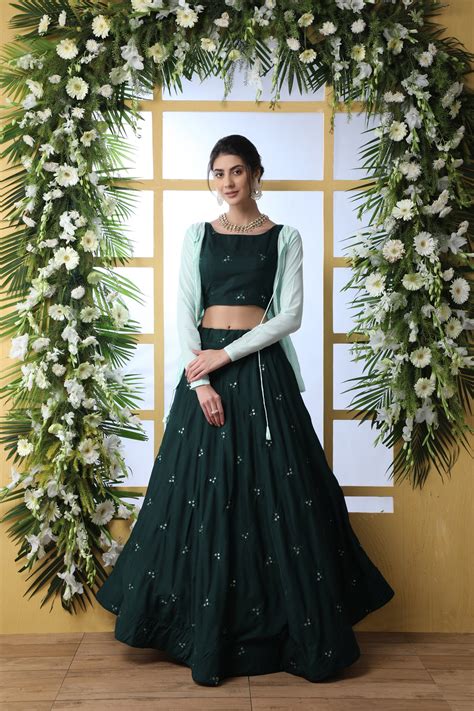 Green color crop top lehenga choli with shrug buy now – Joshindia