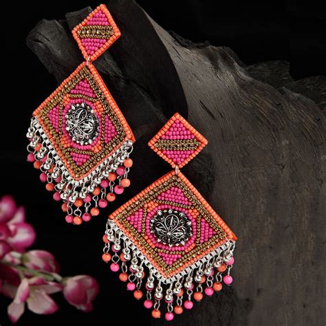 Buy Moedbuille Pink & Orange Beads Studded Oxidised Silver Plated ...