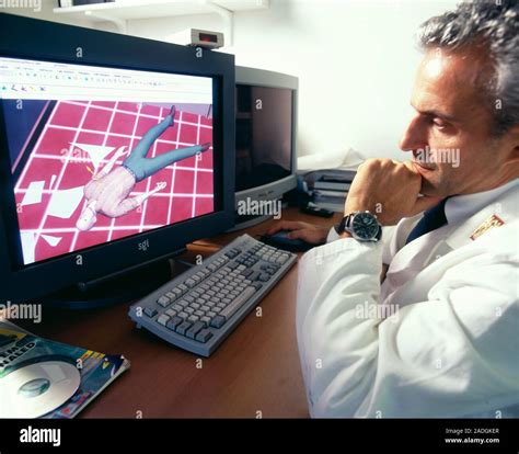 Crime scene reconstruction. Forensic investigator looking at a 3 ...