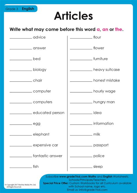 Articles a, an, the worksheet for Class 3 | Grade1to6.com - Worksheets ...