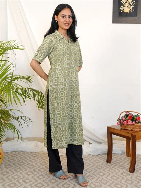 Russian Green Block Printed Shirt Collar COTTON Kurta – BaSaKa