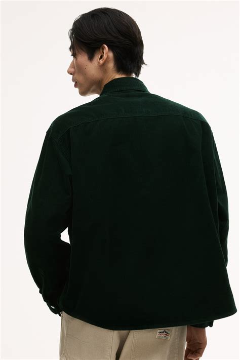 Oversized cotton corduroy shirt - Dark green - Men | H&M IN