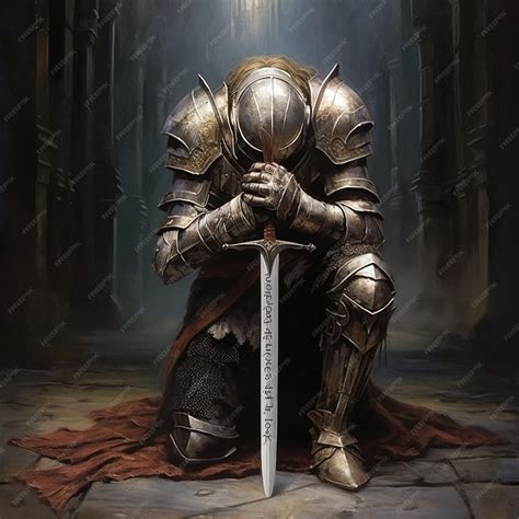 Arafed knight kneeling on the ground with a sword in his hand ...