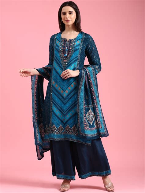 Neerus Blue Ethnic Printed Crepe Straight Suit Set - Kurta + Bottom ...