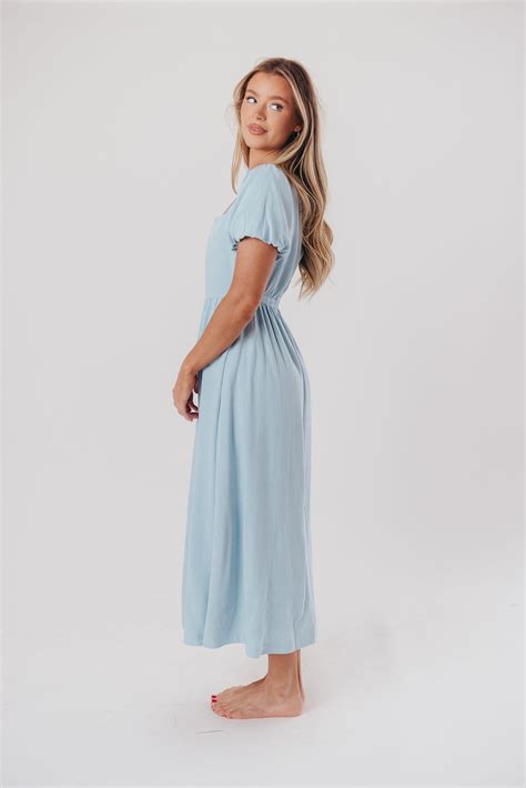 Ainsley Square Neck Midi Dress with Puffed Sleeves in Baby Blue - Bump ...
