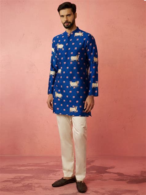 Men's Blue Digital Print Kurta with Cream Cotton Pyjama – vastramay