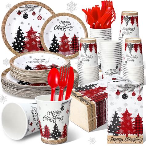 Amazon.com: Sinmoe 400 Pcs Christmas Dinnerware Set Disposable ...