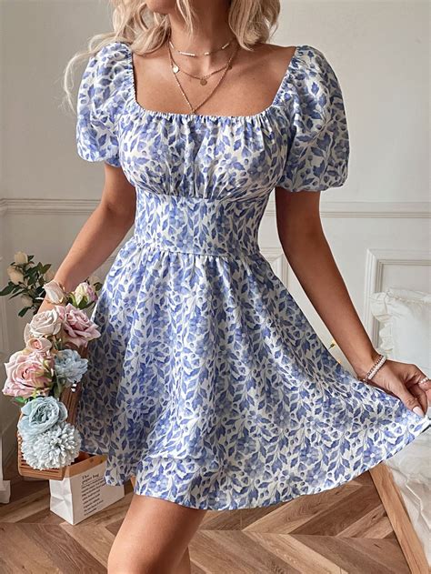 Floral Print Ruched Bust Tie Back Puff Sleeve Dress | Blue floral dress ...