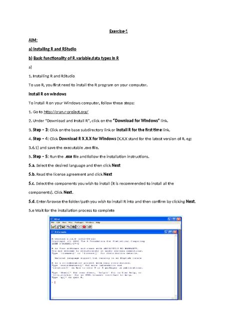 R manual merged - Exercise- AIM: a) Installing R and RStudio b) Basic ...