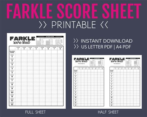 Farkle Score Sheet Printable Score Sheet Digital Instant - Etsy Finland