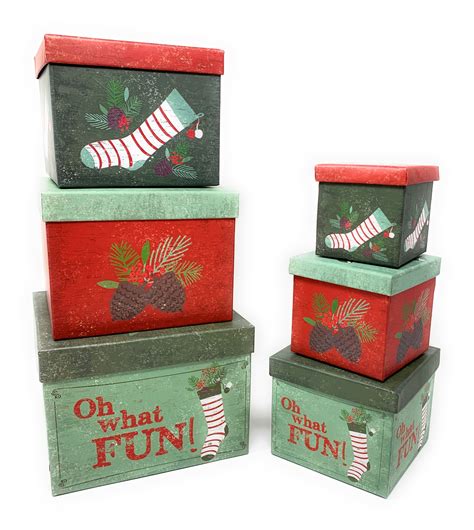 Seasonal Shop Set of 6 Christmas Gift Boxes, Petite Deluxe Nesting Boxes with Lids (Holly ...