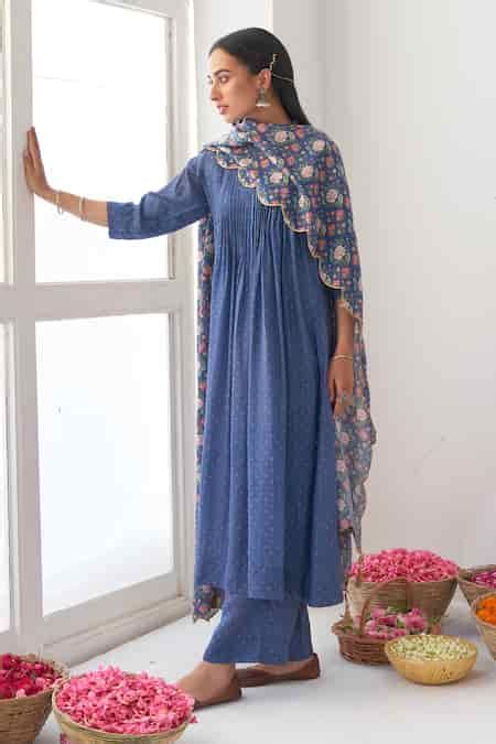 Buy Blue Cotton Silk Hand Embroidered Mirror Work V Neck Peony Printed ...