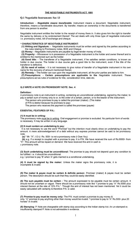THE Negotiable Instruments ACT - THE NEGOTIABLE INSTRUMENTS ACT, 1881 Q ...