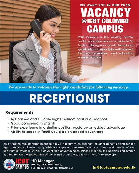 Receptionist - ICBT Campus Job Vacancies Apply - Jobz Wire