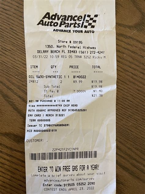 Advance Auto Parts Receipt Template - Printable Computer Tools