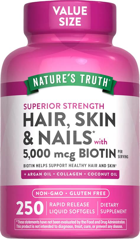 Amazon.com: Nature's Truth Hair, Skin & Nails Vitamins | 5000mcg | 250 Softgels | Includes ...