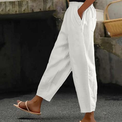 White Linen Pants Women's Pocket Cotton Linen Fashion Solid Color Pants ...