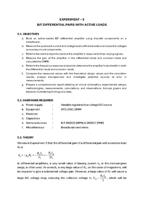 BJT Differential Pairs w/ Active Loads - Expt 5 Analysis & Measurements ...
