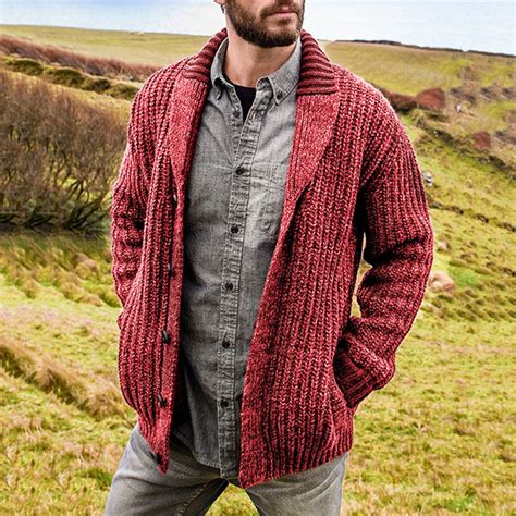 Red Mens Cable Knit Cardigan Sweater Shawl Collar Loose Fit Long Sleeve ...