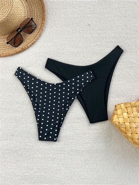 SHEIN Swim 2pcs Women Plain & Leopard Print Swimsuit Bottoms Leopard ...