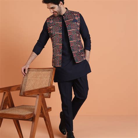 Navy Blue Cotton Silk Printed Jacket Kurta Trouser Set – Kisah