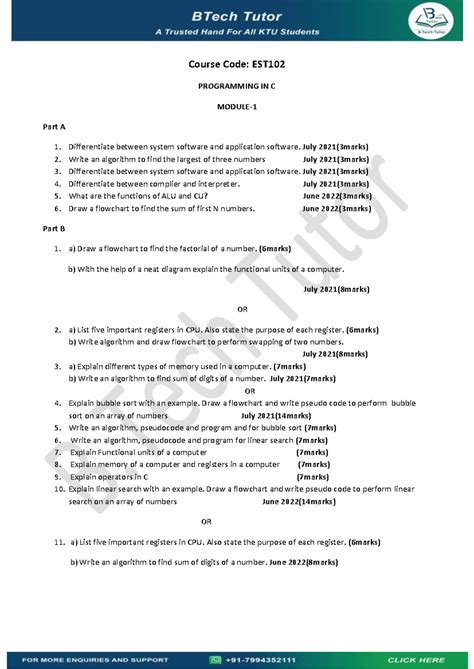 C programme module 1 question - Course Code: EST PROGRAMMING IN C ...