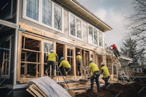 Construction workers installing a wooden frame house on a residential ...