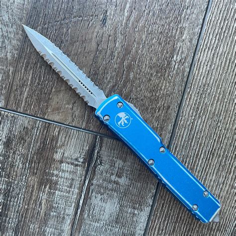 Microtech UTX-70 D/E Distressed Blue Apocalyptic Double Full Serrated ...